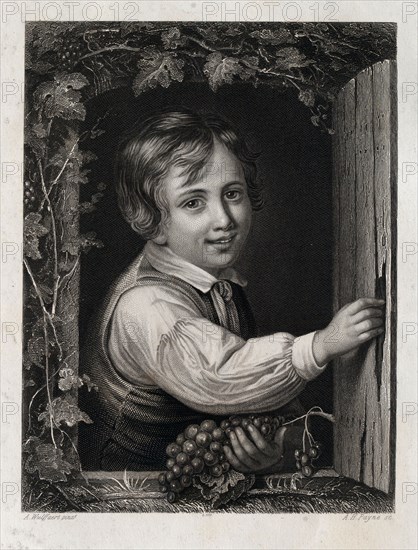 Eating grapes, harvest party, boy, 19th century, shutter, liszt gourmet archive