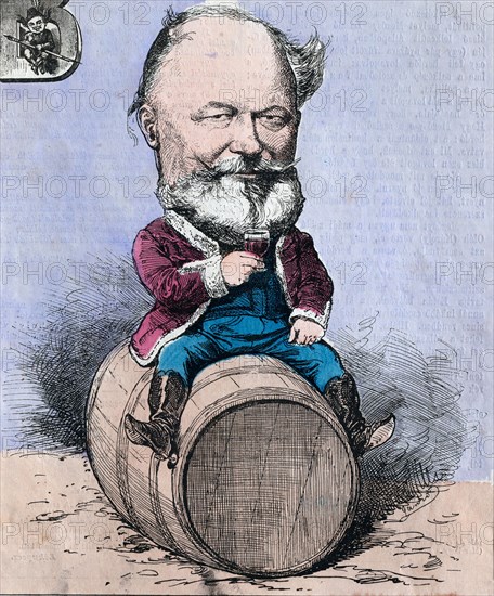 Sitting on a barrel and drinking a glass of wine, 1872. man, beard, wine barrel, austria hungary, liszt gourmet archive