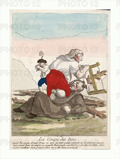 Print shows a member of the Third Estate, possibly a woman, kneeling on top of a fallen friar, cutting wooden branches or horns from his head. 1789, etching, hand-colored