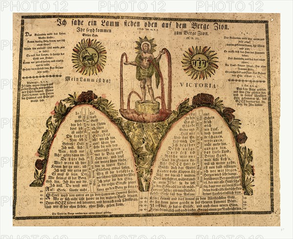 Pennsylvania German fraktur labeled with verse from Revelations 14:1, I saw a lamb on Mount Zion, shows Jesus Christ bleeding from crucifixion wounds. Created between 1780 and 1880. woodcut with watercolor and waterpress