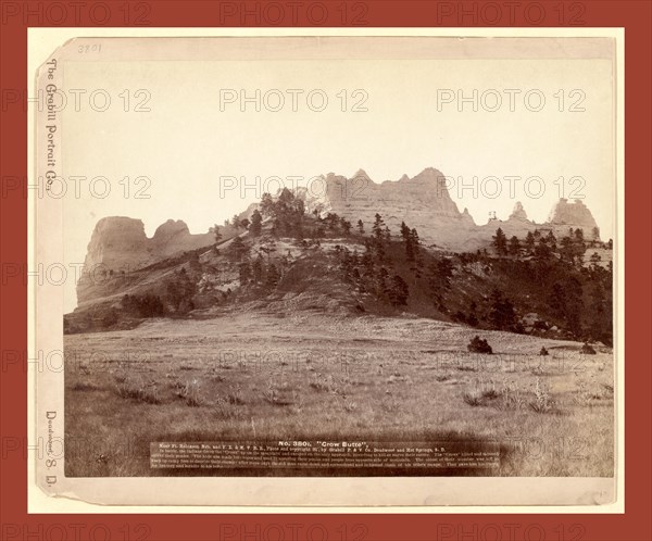 Crow Butte. Near Ft. Robinson, Neb. and F.E. & M.V. R.R. -- In battle, the Indians drove the Crows up on the mountain and camped on the only approach, intending to kill or starve their enemy. The Crows killed and skinned one of their ponies. The hide was made into ropes and used in lowering their ponies and people from opposite side of mountain, John C. H. Grabill was an american photographer. In 1886 he opened his first photographic studio