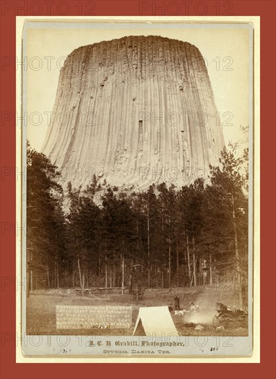 Devil's Tower or Bear Lodge (Mato [i.e. Mateo] Tepee of the Indians), on the Belle Fourche. Description on back, John C. H. Grabill was an american photographer. In 1886 he opened his first photographic studio