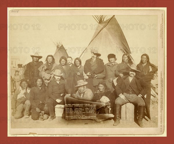 Indian chiefs and U.S. officials.  Two Strike.  Crow Dog.  Short Bull.  High Hawk.  Two Lance.  Kicking Bear.  Good Voice.  Thunder Hawk.  Rocky Bear.  Young Man Afraid of His Horse.  American Horse.  W.F. Cody (Buffalo Bill).  Maj. J.M. Burk.  J.C. Craiger.  J. McDonald.  J.G. Worth. Taken at Pine Ridge, ..., John C. H. Grabill was an american photographer. In 1886 he opened his first photographic studio