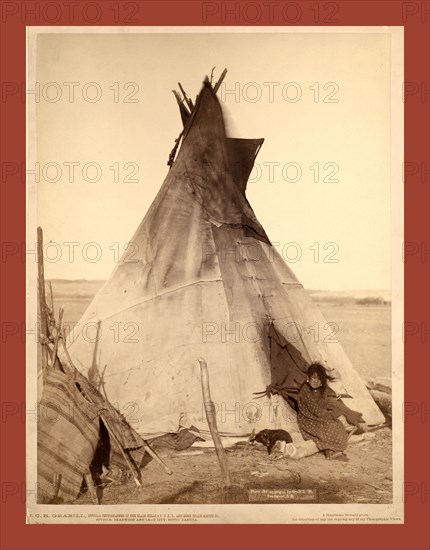 A young Oglala girl sitting in front of a tipi, with a puppy beside her, probably on or near Pine Ridge Reservation, John C. H. Grabill was an american photographer. In 1886 he opened his first photographic studio