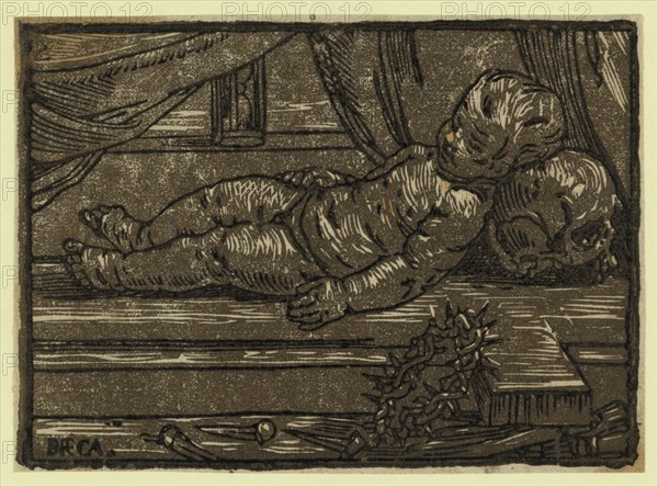 The infant Christ prefiguring the passion / BFCA., Reni, Guido, 1575-1642 , artist, between ca. 1600 and 1750, chiaroscuro woodcut, Print shows the infant Jesus resting on a cross with a crown of thorns and nails in the foreground.