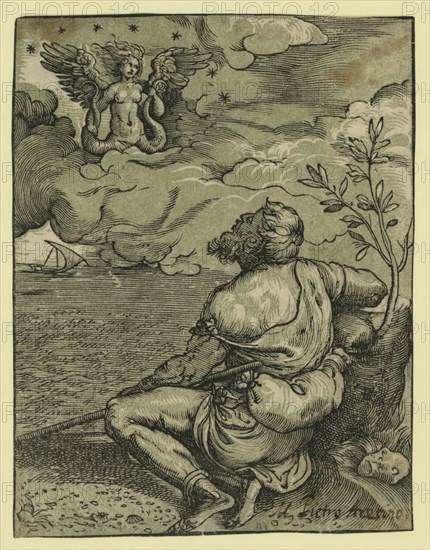 M. Pietro Aretino, Titian, approximately 1488-1576, between 1540 and 1560, chiaroscuro woodcut, Print showing the poet Pietro Aretino, full-length portrait from behind, sitting next to tree trunk on the seashore, looking at vision of an angel in the clouds.