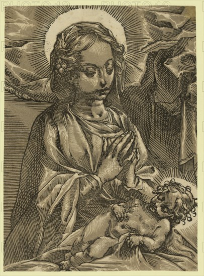 The Blessed Virgin, Andreani, Andrea, approximately 1560-1623, Vanni, Francesco, 1563-1610, between 1590 and 1610, chiaroscuro woodcut, Print showing the Blessed Virgin Mary with the infant Jesus.