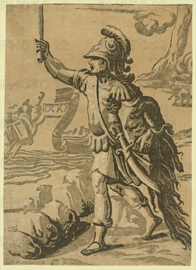 Jason returning with the golden fleece / AA [monogram of Andrea Andreani, approximately 1560-1623] in Mantoua 160, Carpi, Ugo da, 1480-approximately 1532, artist, Parmigianino, 1503-1540. chiaroscuro woodcut, Print showing Jason wearing armor and holding sword in right hand, returning to his ship on the left with right arm raised and carrying the golden fleece over his left arm.