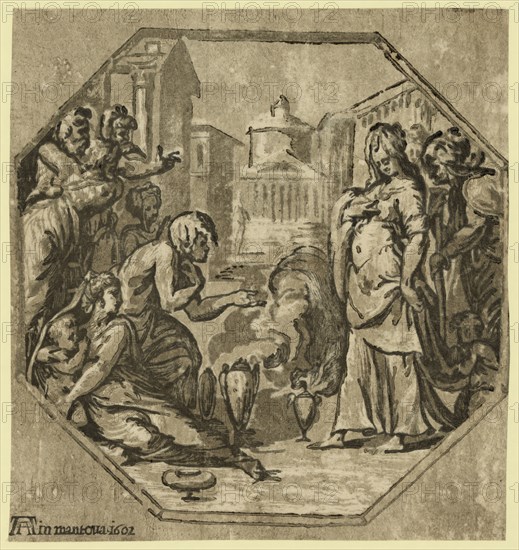 Ritual in honor of Psyche / AA [monogram of Andrea Andreani] in Mantoua 1602. Vicentino, Giuseppe Niccolo, approximately 1510-, artist, Salviati, Francesco, 1510-1563. Andreani, Andrea, approximately 1560-1623. 1602. chiaroscuro woodcut, Print showing Psyche standing to the right with urns or incense burners on the ground at her feet, behind her and on the left are several women.