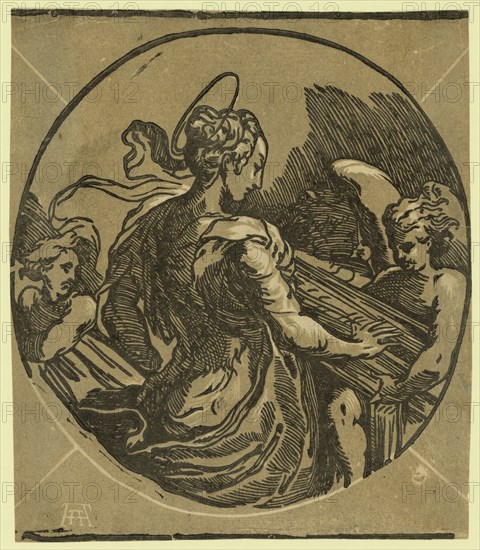 St. Cecilia / AA [monogram of Andrea Andreani], between 1530 and 1550. Trento, Antonio da, approximately 1508-approximately 1550, artist, Parmigianino, 1503-1540. Andreani, Andrea, approximately 1560-1623. chiaroscuro woodcut, Print showing Saint Cecilia in medallion with two angels, one possibly holding a stringed instrument.