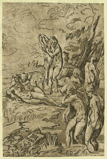 Nymphs bathing / AA [monogram of Andrea Andreani], between 1500 and 1530, printed 1605. Carpi, Ugo da, 1480-approximately 1532, artist, Parmigianino, 1503-1540. Andreani, Andrea, approximately 1560-1623. Print showing a group of nymphs bathing, attended by putti.