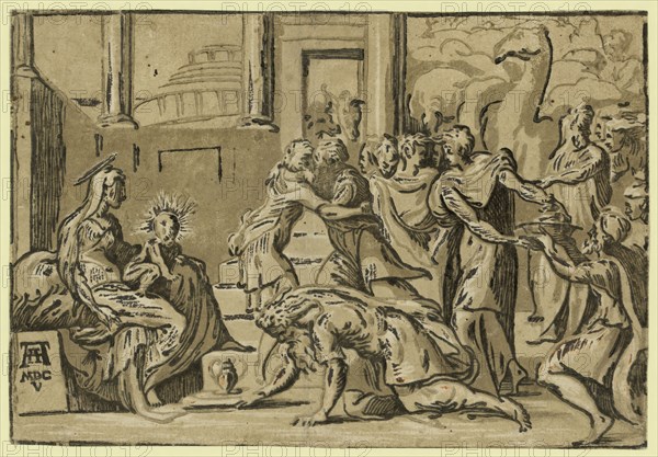 The adoration of the Magi / AA [monogram of Andrea Andreani] MDCV. Vicentino, Giuseppe Niccolo, approximately 1510-, artist, Parmigianino, 1503-1540. Andreani, Andrea, approximately 1560-1623. chiaroscuro woodcut, Allegorical print showing the nativity scene with the Magi presenting their offerings to the infant Jesus.
