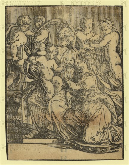 The marriage of St. Catherine, between ca. 1500 and 1700, chiaroscuro woodcut, Print shows St. Catherine kneeling next to the infant Jesus seated on his mother's lap. Jesus gives Catherine a ring.