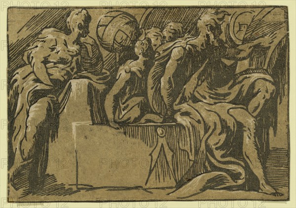 The philosopher Diogenes and the allegory of astronomy, between 1530 and 1550. Trento, Antonio da, approximately 1508-approximately 1550, artist, Parmigianino, 1503-1540. chiaroscuro woodcut, Allegorical print showing a seated man thinking and another figure looking at a globe.