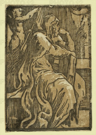 The philosopher, between 1530 and 1550. Trento, Antonio da, approximately 1508-approximately 1550, artist. Parmigianino, 1503-1540. chiaroscuro woodcut, Allegorical print showing a man sitting in a chair, thinking.