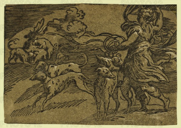 Diana hunting the stag, between 1530 and 1550. Trento, Antonio da, approximately 1508-approximately 1550, artist, Parmigianino, 1503-1540. chiaroscuro woodcut, Allegorical print showing the Roman goddess Diana with hunting dogs; on the left, two dogs have caught the stag.