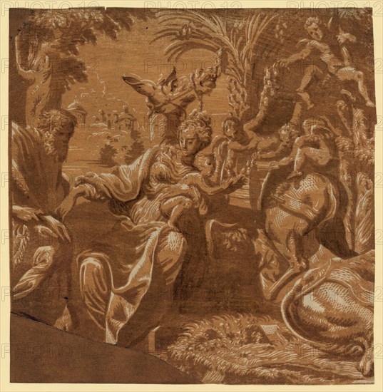 The rest on the flight into Egypt, between ca. 1520 and 1700. Campi, Antonio, 1522 or 1523-1587 , artist, chiaroscuro woodcut, Print shows Joseph, Mary, and the baby Jesus taking nourishment from a tree, assisted by several angels, on their journey to Egypt.