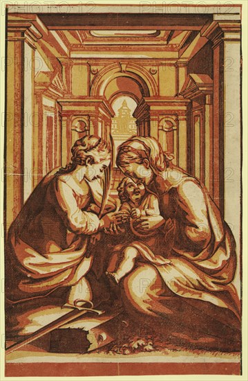 The marriage of St. Catherine, Correggio, 1489?-1534 , artist, between ca. 1500 and 1600, chiaroscuro woodcut, Print shows St. Catherine kneeling next to the infant Jesus seated on his mother's lap. Jesus gives Catherine a ring.