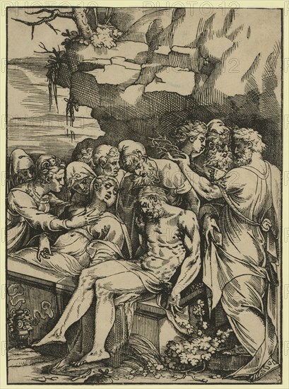 The entombment, Andreani, Andrea, approximately 1560-1623, Date Created 1585, chiaroscuro woodcut, 7 cm x 6 cm, Jesus Christ being supported by Joseph of Arimethia as Mary Magdalene gives comfort to the grieving Virgin Mary