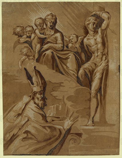 The Virgin, St. Sebastian and a holy bishop, Carpi, Ugo da, 1480 approximately 1532, Date Created between 1500 and 1535,chiaroscuro woodcut, color, 8 cm x 2 cm, three separate vignettes: the Virgin Mary holding the infant Jesus, Saint Sebastian, and a bishop wearing a mitre