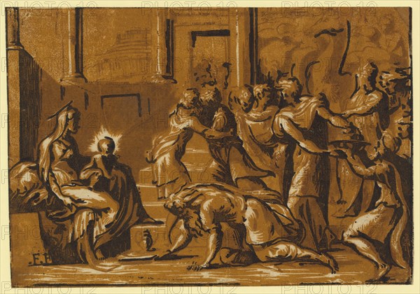 The adoration of the Magi, Vicentino, Giuseppe Niccolo, approximately 1510, Date Created between 1540 and 1560, chiaroscuro woodcut, color, 7 x 1 cm, Allegorical print showing the nativity scene with the Magi presenting their offerings to the infant Jesus