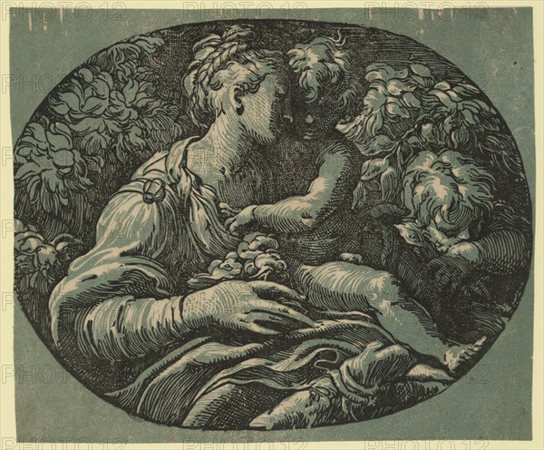The virgin, child and St. John, Parmigianino, 1503-1540 , Date Created between ca.1520 and 1700, chiaroscuro woodcut, color, 5 cm x 2 cm, the Virgin Mary holding the infant Jesus with his cousin in the background