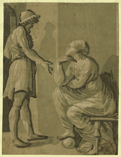 Raphael and his beloved, Carpi, Ugo da, 1480 approximately 1532, Date Created between 1500 and 1530, chiaroscuro woodcut, color, 3 x 8 cm, showing Raphael standing before Margherita Luti, seated, looking up at him