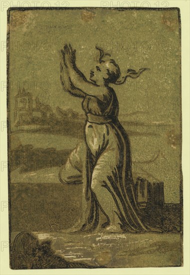 Hope, Vicentino, Giuseppe Niccolo, approximately 1510, Date Created between 1540 and 1560, chiaroscuro woodcut, color , 5 x 7 cm, Allegorical print showing a woman as Hope, one of the theological virtues, with one knee on a bench and both hands raised in prayer toward the sky
