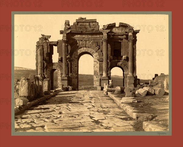 Roman ruins Thamugas, Arc de Triomphe, Algiers, Neurdein brothers 1860 1890, the Neurdein photographs of Algeria including Byzantine and Roman ruins in Tébessa and Thamugadi; mosques, shrines, public buildings, palaces, and street scenes in Mostaganem, Biskra, Algiers, Tlemcen, Constantine, Oran, and Sidi Bel Abbès; and the cathedral at Carthage. Portraits of Algerian people include Berbers, Ouled Naïl women, and prisoners in Annaba. Tunisian views include mosques, buildings, and street scenes in Tunis.