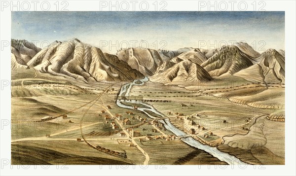 bird's eye view of Golden City, Jefferson County, Colorado Territory by Alfred Edward Mathews, 1831 1874, US, USA, America