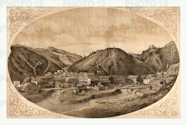 bird's eye view of Black Hawk Point, a frontier community in Colorado; includes remarque showing a Native American by Charles Shober, circa 1862, US, USA, America