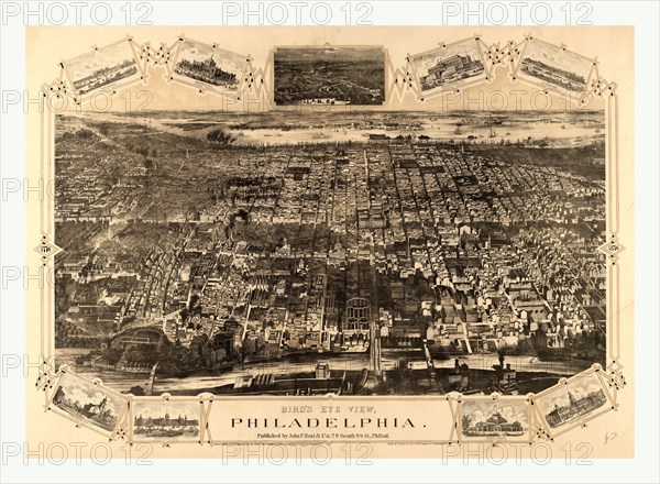 Bird's eye view of Philadelphia between the Schuykill River, in the foreground, and the Delaware River in the background by John P. Hunt & Co., circa 1876, US, USA, America