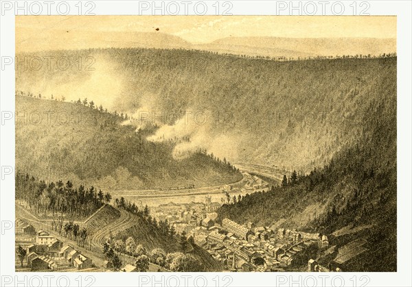 Bird's eye view showing Mauch Chunk, Pennsylvania with Lehigh Canal, railroad, and mountains in distance between 1857 and 1867 by James Fuller Queen,1820 or 1821 1886, US, USA, America
