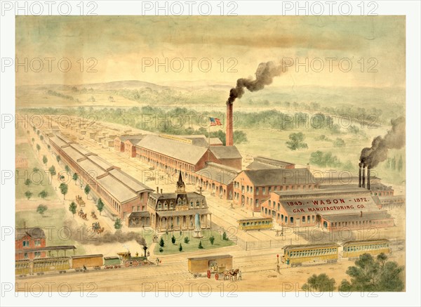 Bird's eye view of Wason Car Manufacturing Co., circa 1872. by  Charles Parsons, 1821 1910, US, USA, America