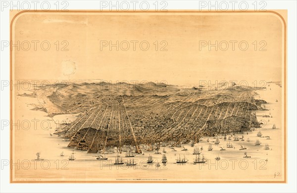 Birds eye view of the city of San Francisco, circa 1868, US, USA, America