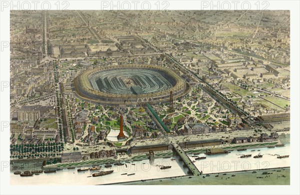 Official bird's eye view Expo 1867, paris, France, Ciceri, EugÃ¨ne, 1813-1890, lithographer