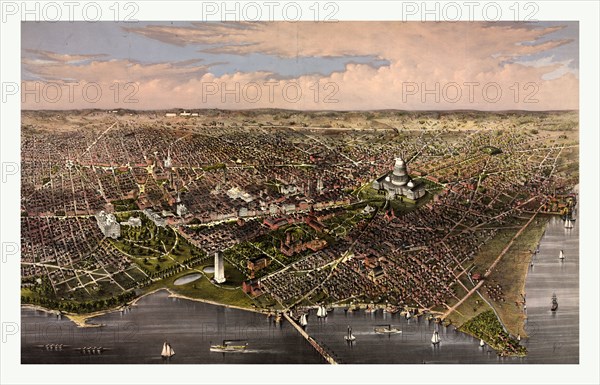 The City of Washington birds eye view from the Potomac, looking north by Currier & Ives circa 1880, US, USA, America
