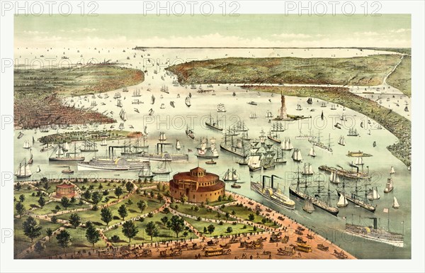 The Port of New York, Birds eye view from the Battery, looking south by Currier & Ives circa 1892, US, USA, America