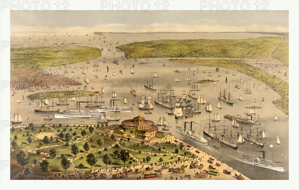 Port of New York, birds eye view from the battery looking South by Currier & Ives circa 1878, US, USA, America