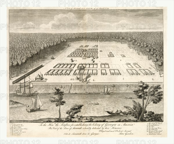 A view of Savannah, Georgia, as it stood the 29th of March, 1734. Lithograph of engraving by P. Fourdrinier after P. Gordon, US, USA, America
