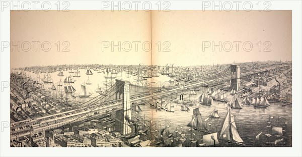 Bird's eye view of the great suspension bridge, connecting the cities of New York and Brooklyn from New York looking south-east, circa 1883, US, USA, America