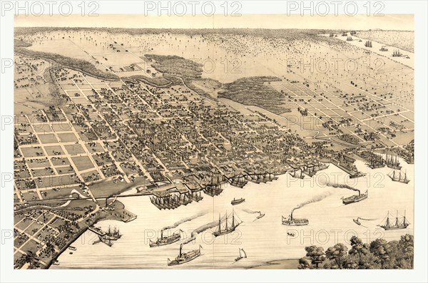 Birds eye view of Jacksonville, Fla., circa 1876, US, USA, America