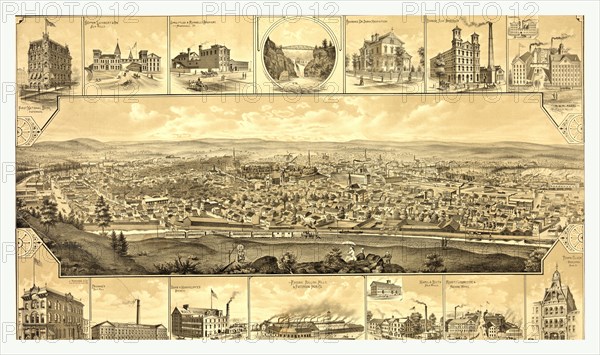 Bird's eye view of Paterson, New Jersey showing railroad in the foreground; vignettes of prominent buildings and natural landmarks form the top and bottom borders, 1880, US, USA, America