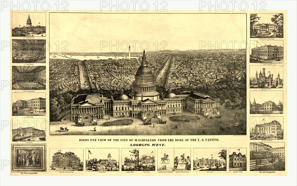 Birds eye view of the city of Washington from the dome of the U.S. Capitol Looking west, A. Sachse & Co., between 1860 and 1890, US, USA, America