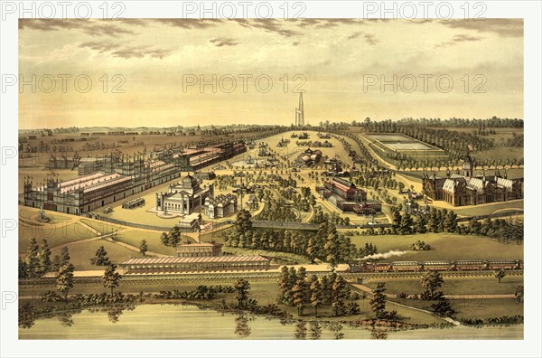 Bird's eye view, Centennial buildings, Fairmont Park, Philadelphia. 1876 by H.J. Toudy & Co., circa 1875 & 1876, US, USA, America