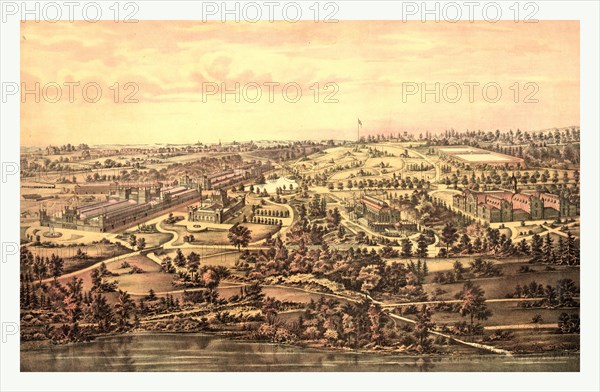 Bird's eye view, Centennial Buildings, Fairmount Park, Philadelphia by H.J. Toudy & Co., circa 1875, US, USA, America