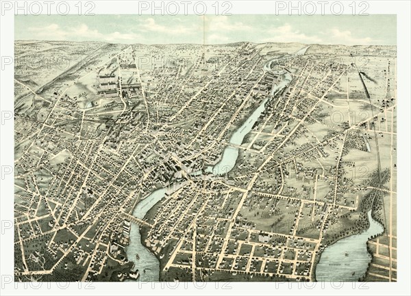 Bird's eye view of Pawtucket, & Central Falls, R.I., circa 1877, US, USA, America