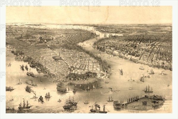 Bird's eye view of New York & Brooklyn by Kohn Bachmann, circa 1851, US, USA, America