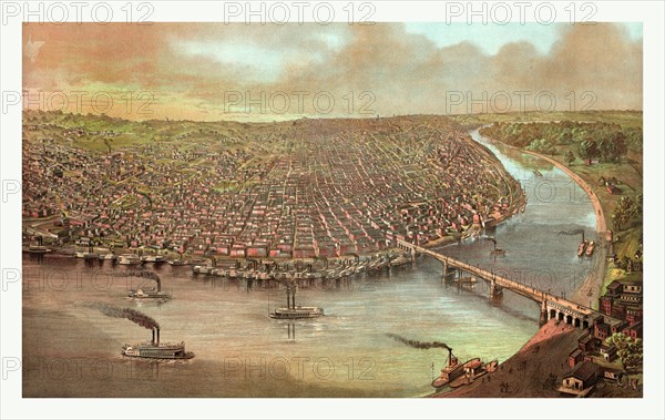 Bird's eye view of Saint Louis, Missouri as seen from above the Mississippi River, circa 1873, US, USA, America