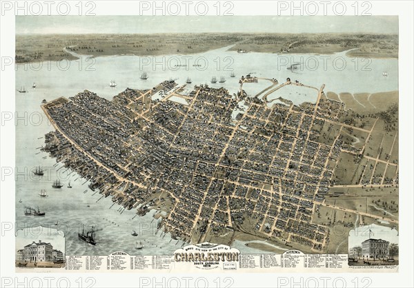 Bird's eye view of the city of Charleston South Carolina by C. Drie, circa 1872, US, USA, America